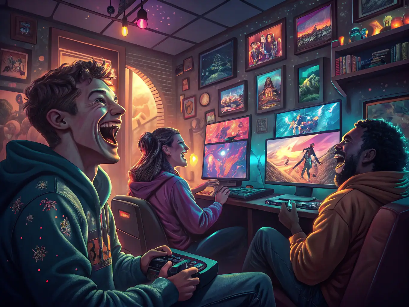 A vibrant image of gamers collaboratively playing a popular esports title in a well-organized online server environment, showcasing teamwork and community spirit.