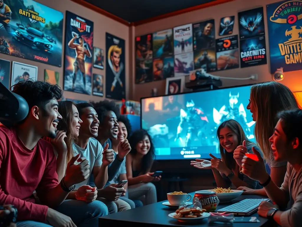 A group of young adults are participating in an esports tournament, focused on teamwork and strategy, with OCV PLAY branding subtly visible in the background.