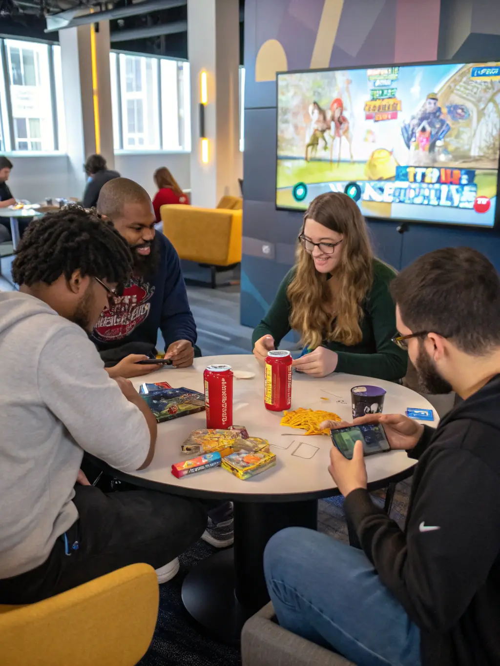 A diverse group of gamers laughing and collaborating during an OCV PLAY event, showcasing the friendly and inclusive atmosphere of the community.