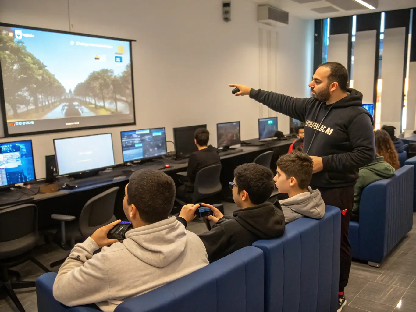 Image of a workshop session where experienced gamers are teaching new players, emphasizing skill development and knowledge sharing.