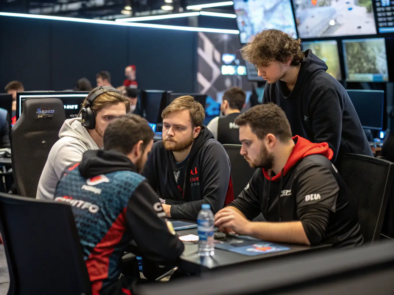 Image of a group of esports players collaborating during a gaming session, showcasing teamwork and community spirit.